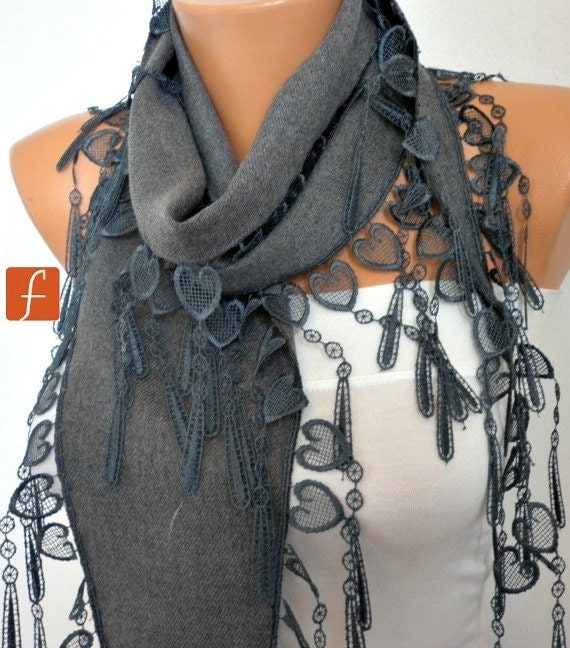 Gray Scarf  -  Pashmina Scarf  -  Cowl Scarf with Lace Edge - fatwoman