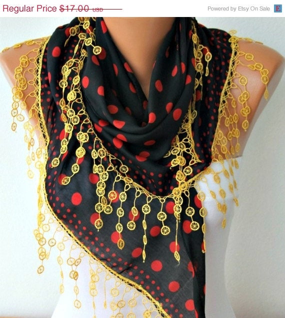 BIG SALE Polka Dot  Scarf -  Cotton Scarves - Cowl with  Lace Edge - black