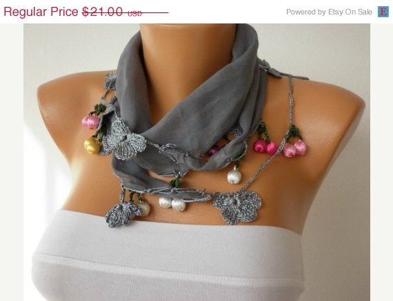 BIG SALE Gray Scarf ,Cotton Woman Cowl with Lace Edge -