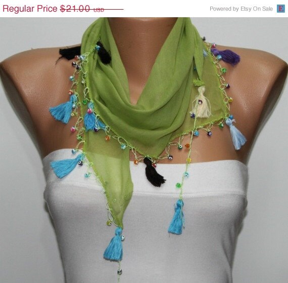 BIG SALE Green Scarf ,Cotton Scarf Woman Cowl with Lace Edge -