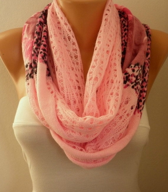 Pink Infinity Scarf Shawl Circle Scarf Loop Scarf Fabric Knitted Lace Scarf Gift -fatwoman