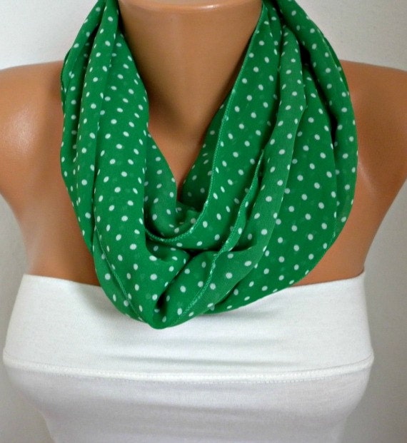Polka Dot Infinity Scarf Shawl Circle Scarf Loop Scarf Gift - for her -- Green - White Polka Dot - fatwoman