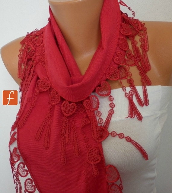 Red Scarf Pashmina Scarf Cowl Scarf with Lace Edge - fatwoman