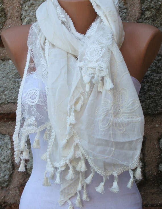 Creamy White Scarf - Lace Scarf -  Cowl Scarf  - fatwoman