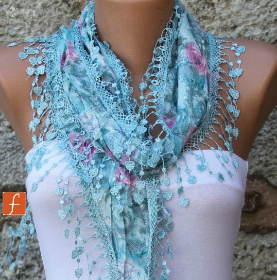 Multicolor Scarf - Cotton Scarf - Cowl Scarf with Lace Edge - fatwoman