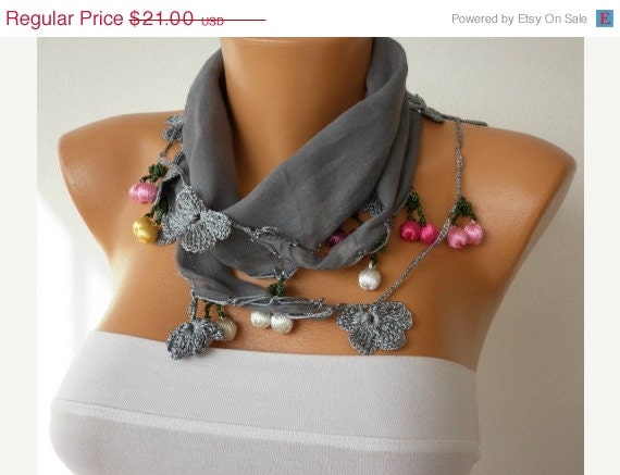 BIG SALE Gray Scarf ,Cotton Woman Cowl with Lace Edge -
