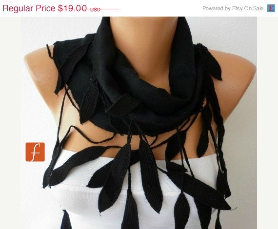 BIG SALE Women Pashmina Scarf - Cotton Scarf - - Cowl with Lace Edge - Black