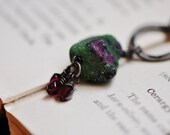 Raw Ruby in Zoisite Nugget, Garnet, Oxidized Silver, Wire Wrapped, July Birthstone, January Birthstone, Long Necklace