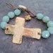 Sideways cross bracelet 'Sacrifice' blue green opal, rustic hammered gold cross, leather, sundance, country chic, southwestern