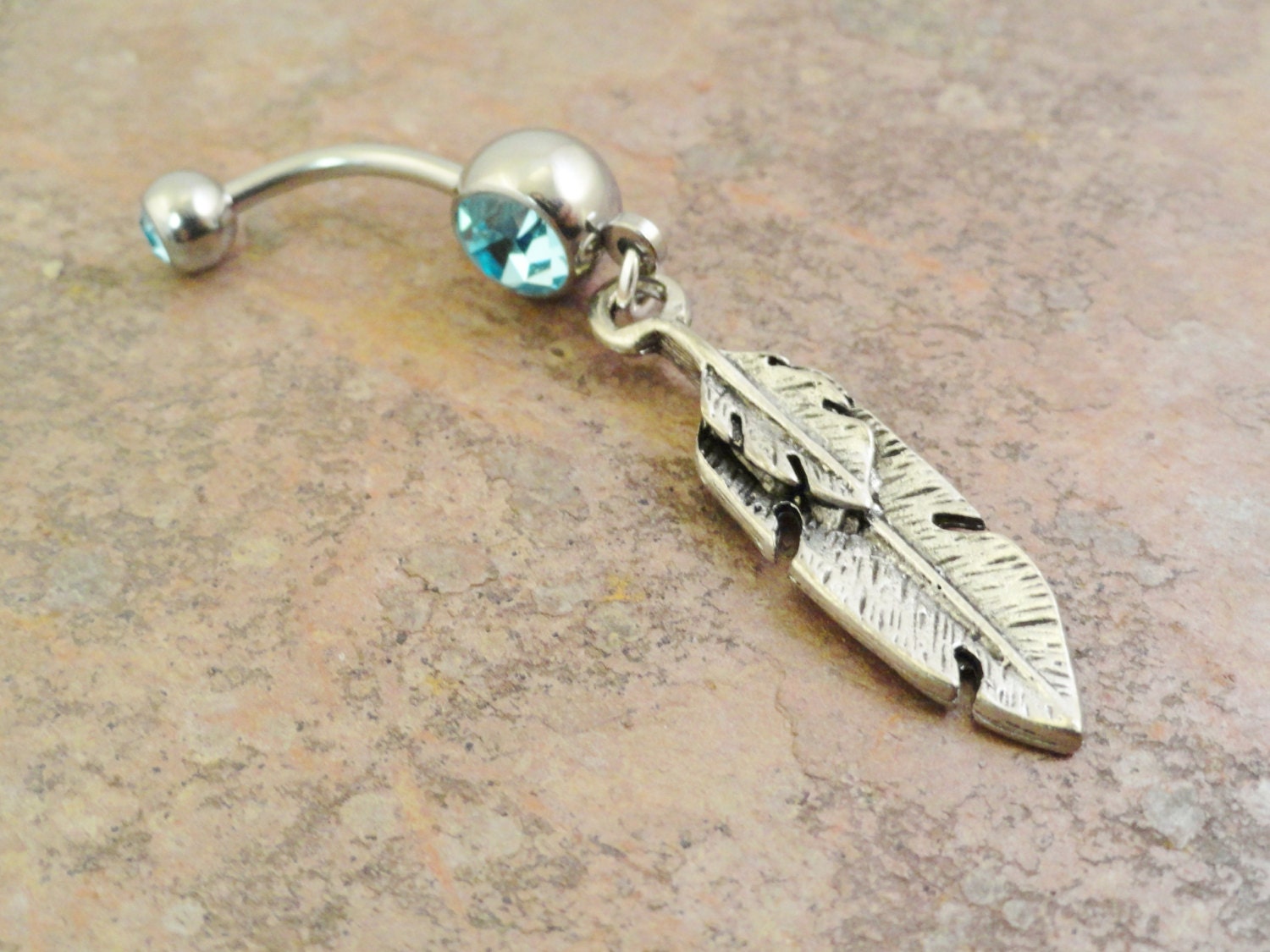 Feather Belly Button Jewelry, Aqua Tribal Feather Belly Ring