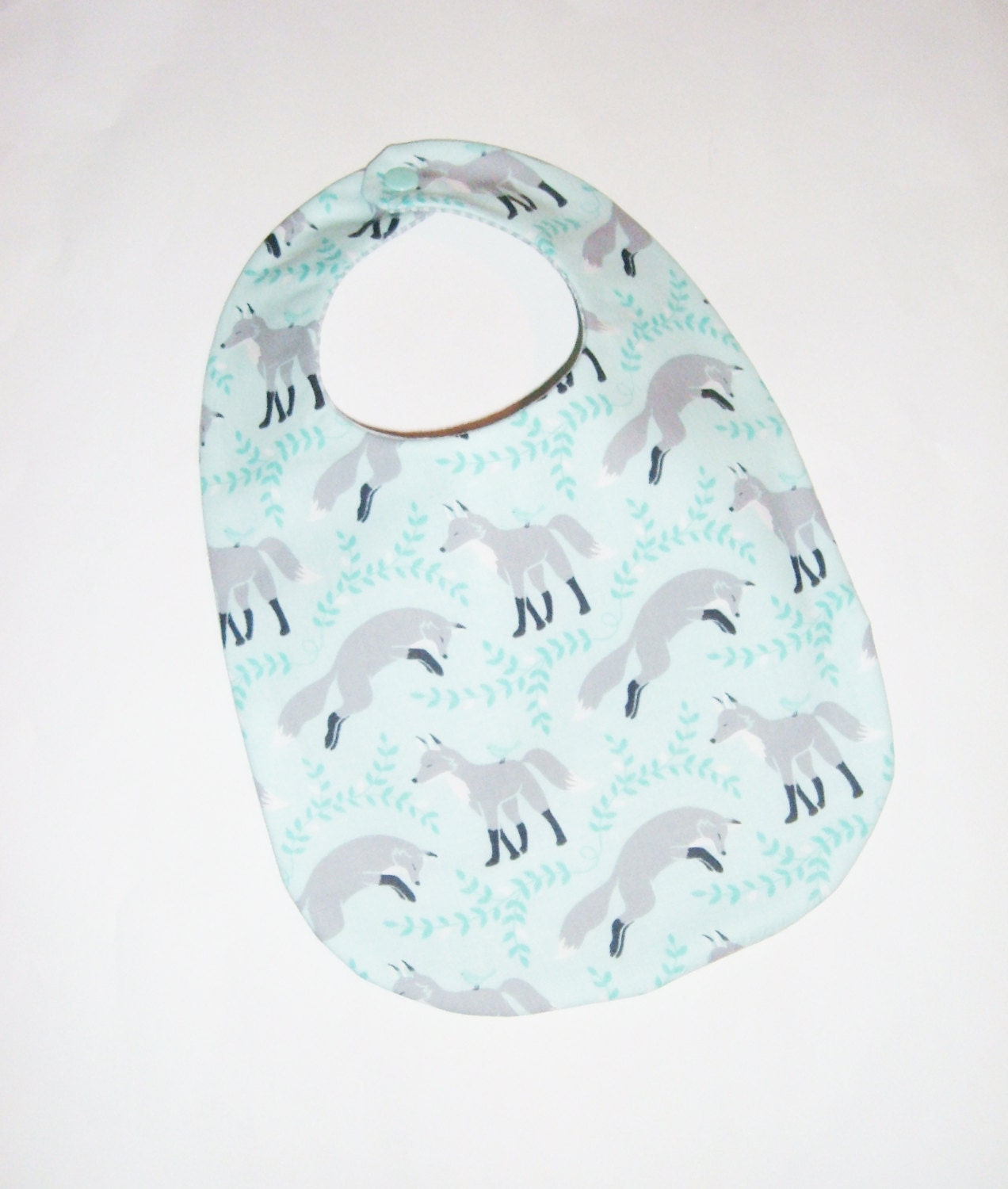 Baby  Bib - Gray Foxes on Aqua with Gray Herringbone Chevron - Baby Gift Under 10