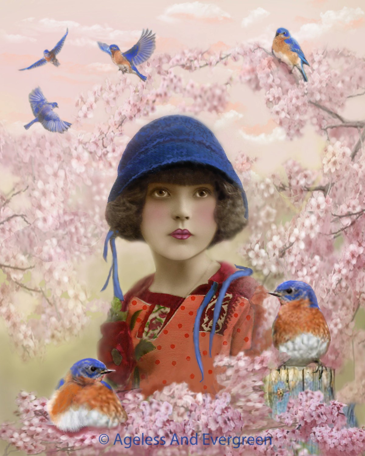 Bonnie Blue Lass... Digital Painting, Archival Print, Home Decor, Girl, Bluebirds