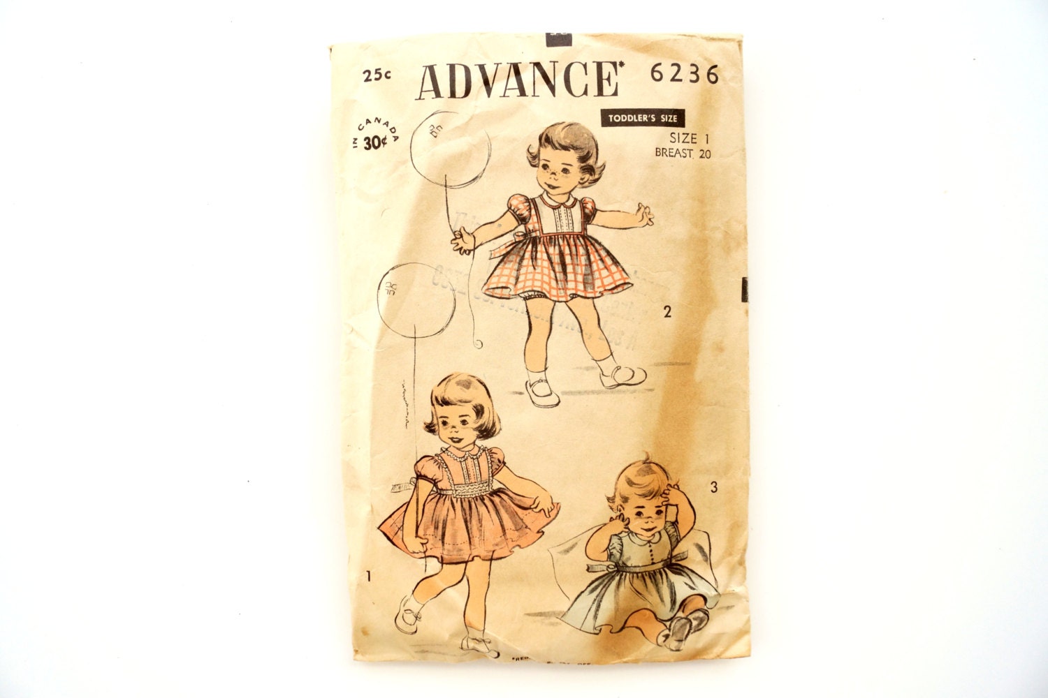 Vintage 1940s Advance Pattern 6236, Toddler Dresses (Complete), Girls Sewing Pattern (Size 1) - Collectible