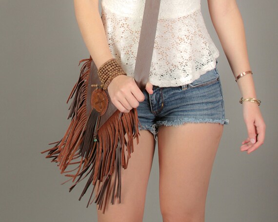 Brown Leather Fringe Bag Hip Chic Spring Fashion Hippie Chic Dangling Fringe Some Upcycled Materials Initial Bezel for Personalizing