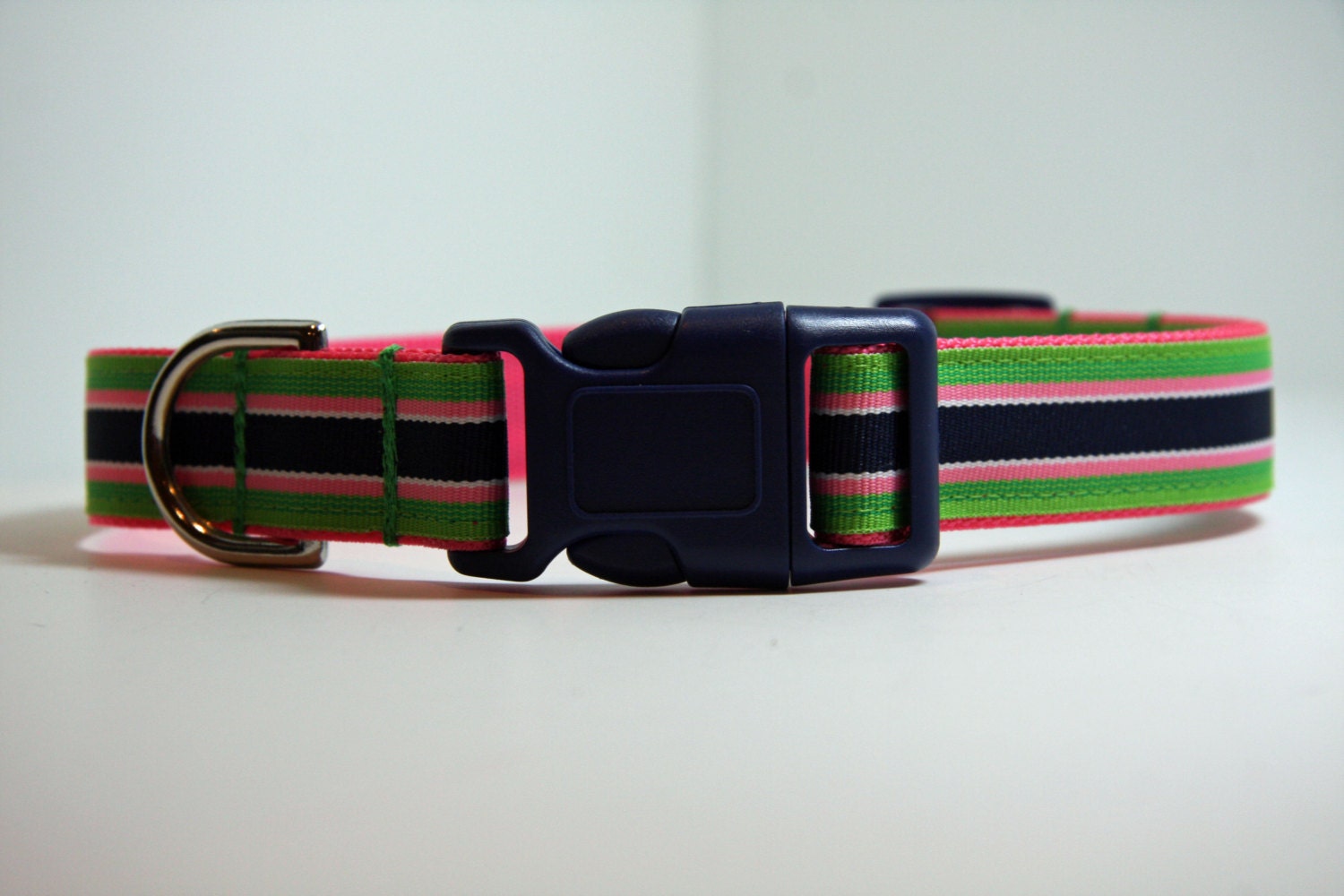 Dog Collar - green pink navy stripes - navy buckle