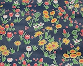 1970's Vintage Wallpaper Navy Blue background yellow and pink tulips