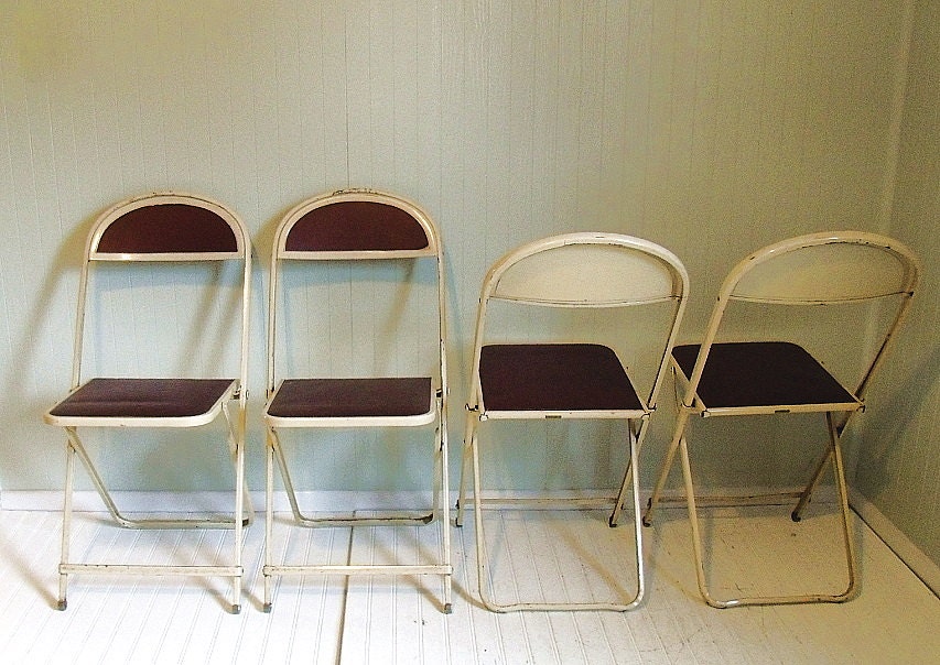 Vintage Cream Metal & Burgundy Upholstery Folding Chairs Set of 4 - Original Durham Manufacturing Co. - BoHo Bistro Seating - FREE Shipping