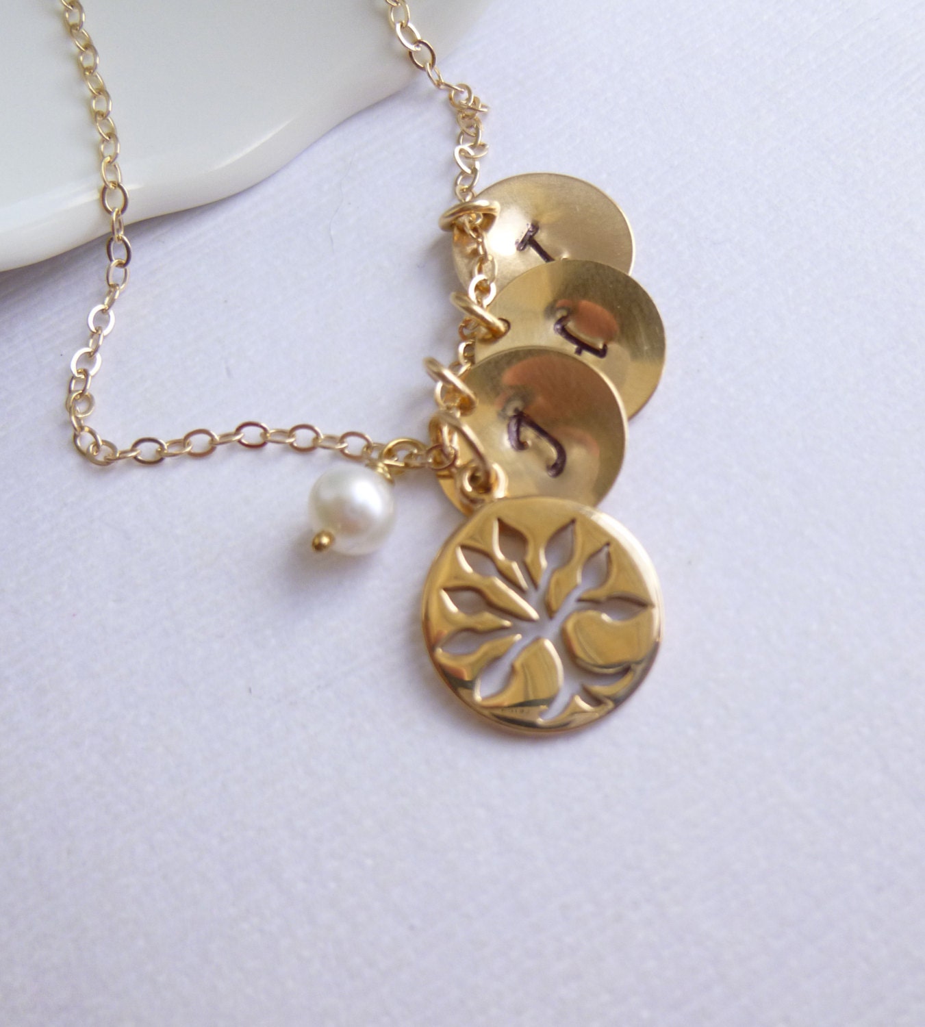 Gold Family Tree Charm Necklace with Personalized Initial Discs on 14k gold filled chain. -- Mothers Grandmothers Gift