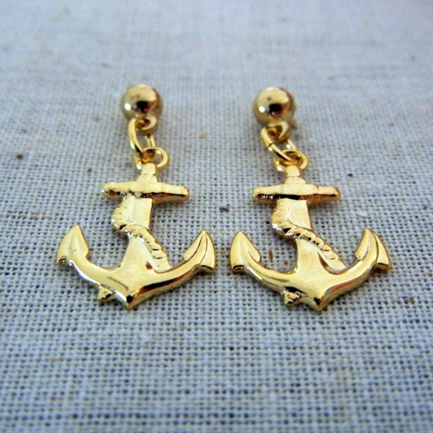 Gold Anchor Earrings, ANCHORED Nautical, Maritime Jewelry by E. Ria Designs