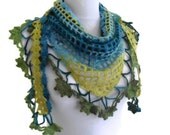 crochet flower scarf,hand-knitted,fashion,unique gifts,  Women,shawl, Green, Blue and yellow, valentines day