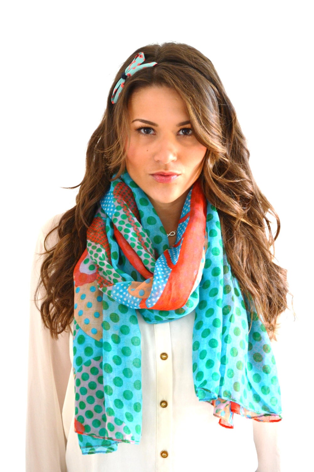 AQUA & Coral Floral Polka Dot Lightweight Summer Scarf Shawl Wrap Cover Up Sarong Womens handmade fashion Accessories Large Wrap