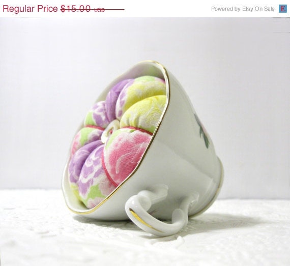 Mothers Day - Teacup Pincushion - Vintage English Teacup - Tea Cup Pin Cushion