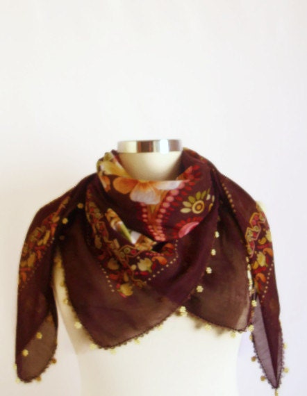 SCARF SCARVES  yellow and pink flowers on the edge of a fancy beaded lace, needle lace scarf