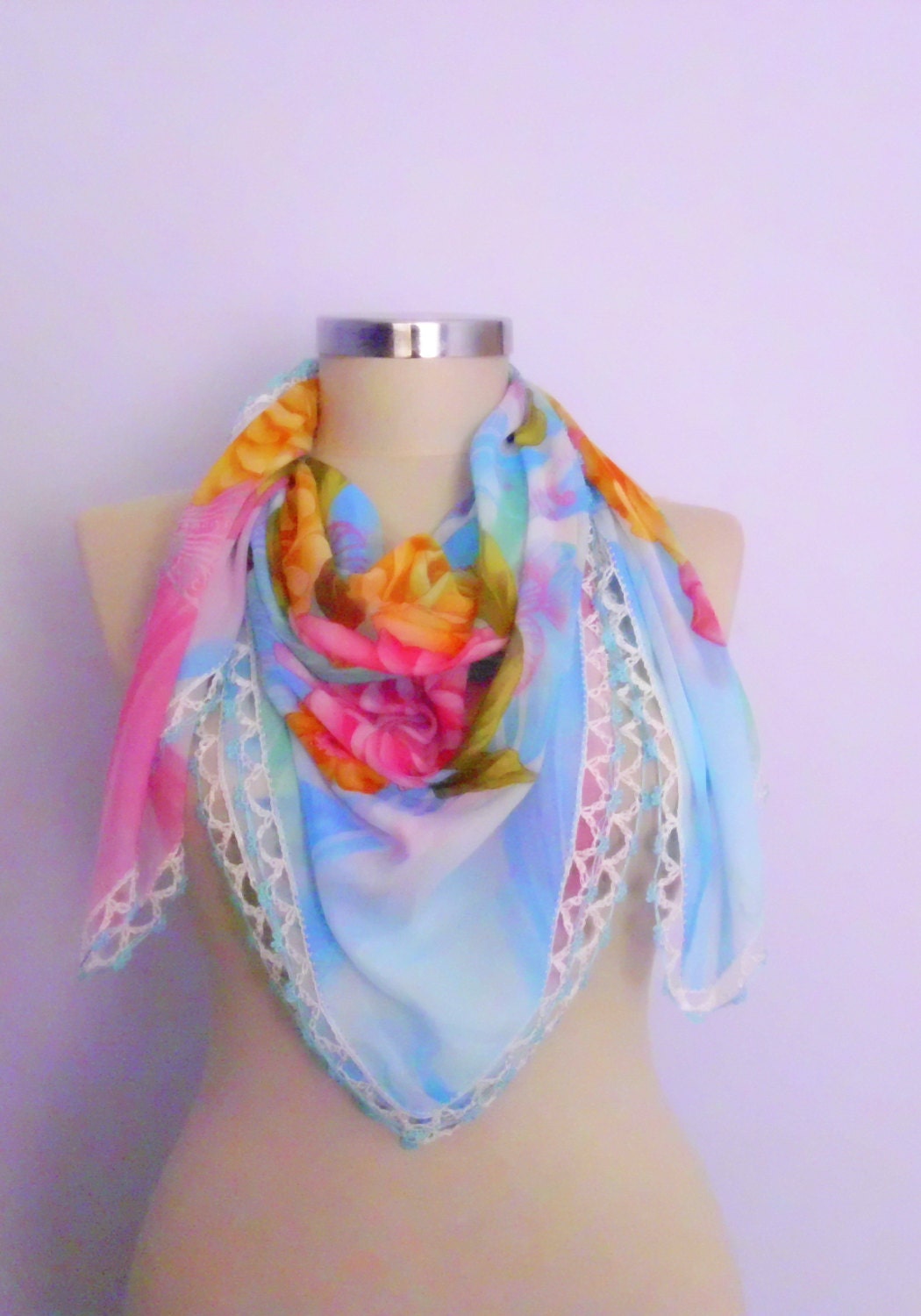 turquoise blue and yellow floral lace scarf decorated flowers wedding,bridal authentic, romantic, elegant, fashion,SCARF,spring
