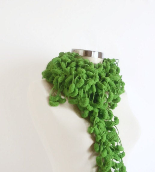 SCARF HANDMADE green Pom Pom Cheerleader  Knit Scarf Curly Long Scarf,Neckwarmer, Cowl, Necktie - Cocoon, Mulberry, Pompom Yarn -  Gift for