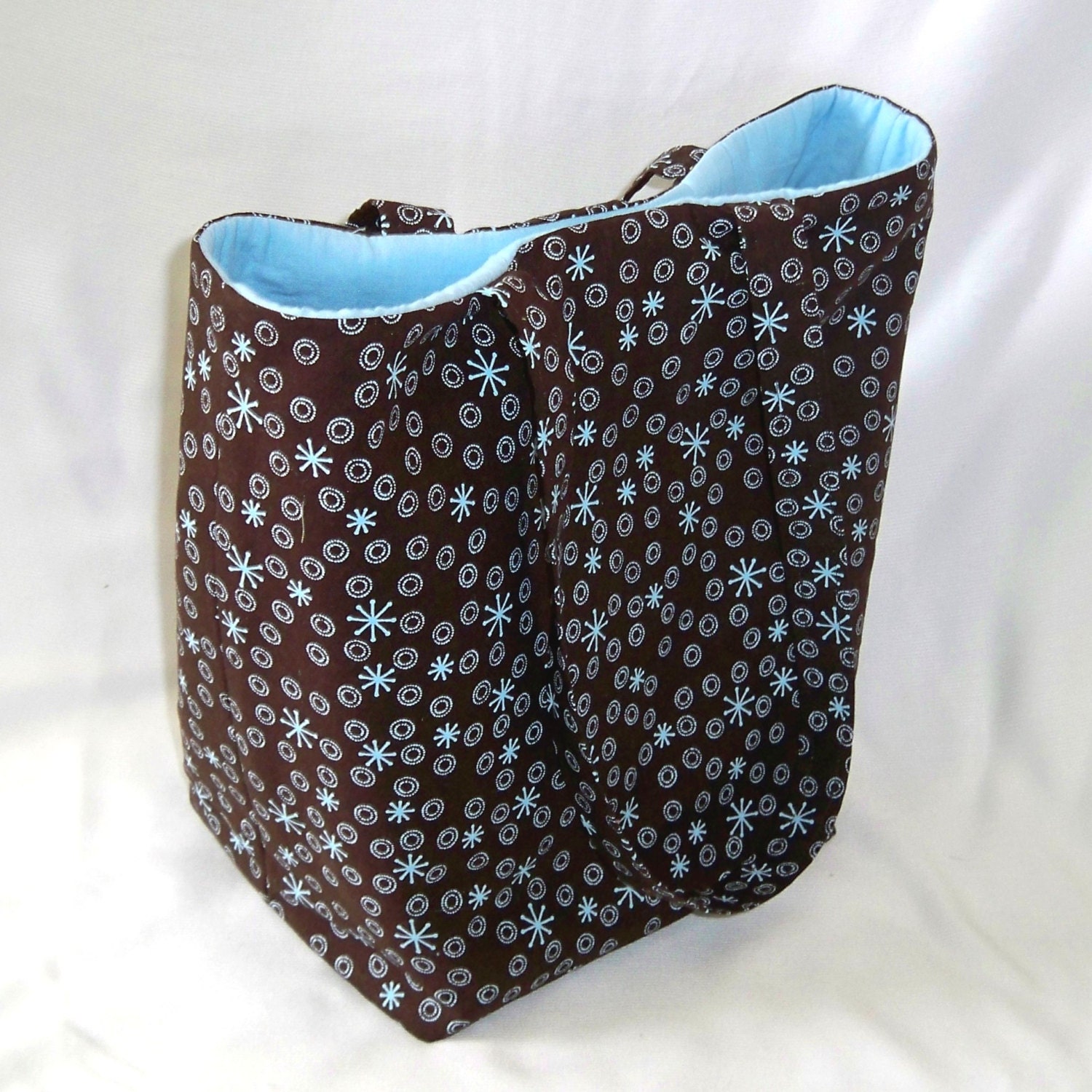 Atomic Starburst Tote Bag Purse Fabric Bag Handbag Chocolate Brown Blue Retro Stars Circles Shoulder Bag Large Bag