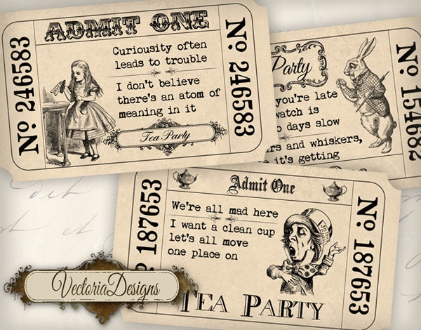 Alice in Wonderland Tea Party Invitation Tickets printable images digital collage sheet VD0387