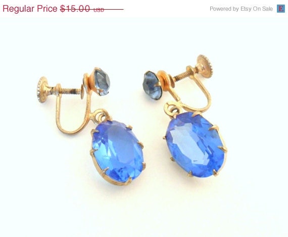 Vintage Earrings - Sapphire Blue Glass Screw Backs