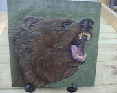 Relief carved Grizzly Bear on Slate Stone Tile Acrylic Painting