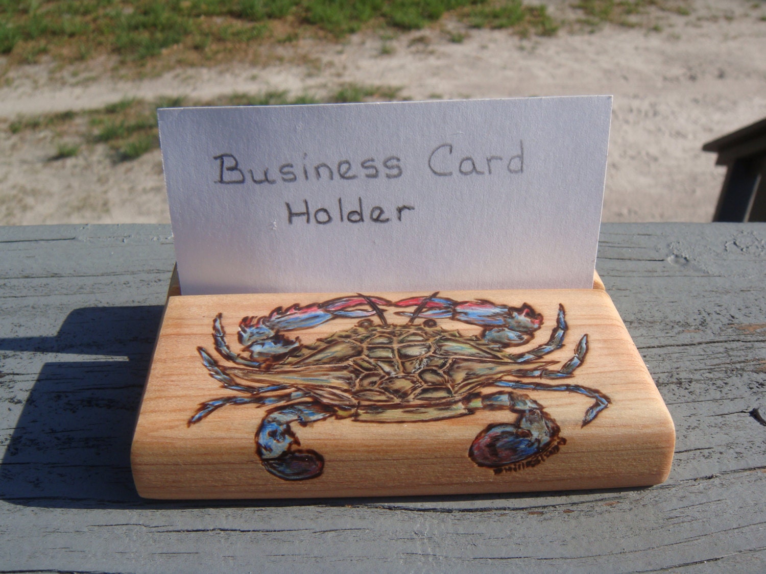 handmade wood burned cypress  Business Card Holder  blue crab