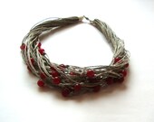 Statement necklace with red jade /  linen necklace