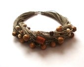 Eco necklace / wooden necklace / multristrand linen necklace /  rustic necklace