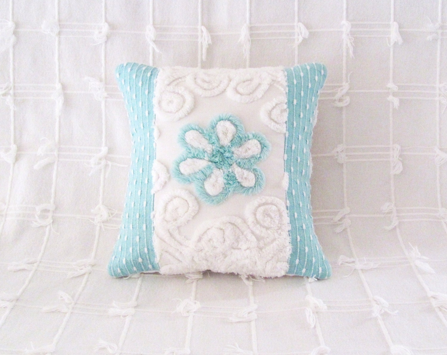 aqua pillow cover 12 X 12 AQUA ROSE vintage chenille turquoise cushion cover shabby white cottage style