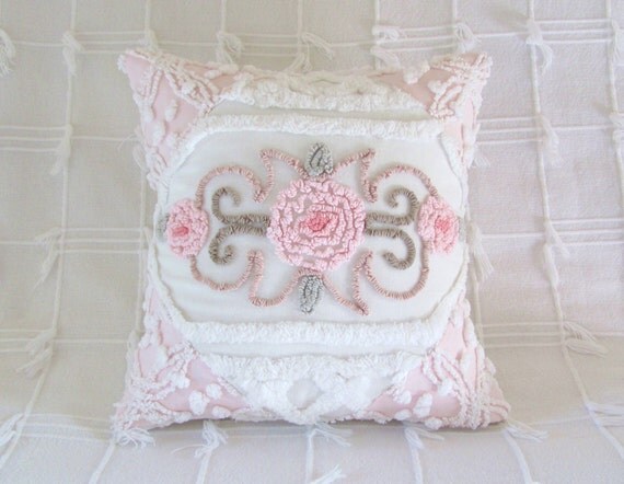 chenille pillow cover SWEET THREE  chenille cushion cover 12 X 12 pink roses vintage chenille cottage chic