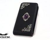 Victorian Case for iPhone 4 and 4s with Vintage Stone - Black Leather iPhone Magnet Case - iPhone Accessories