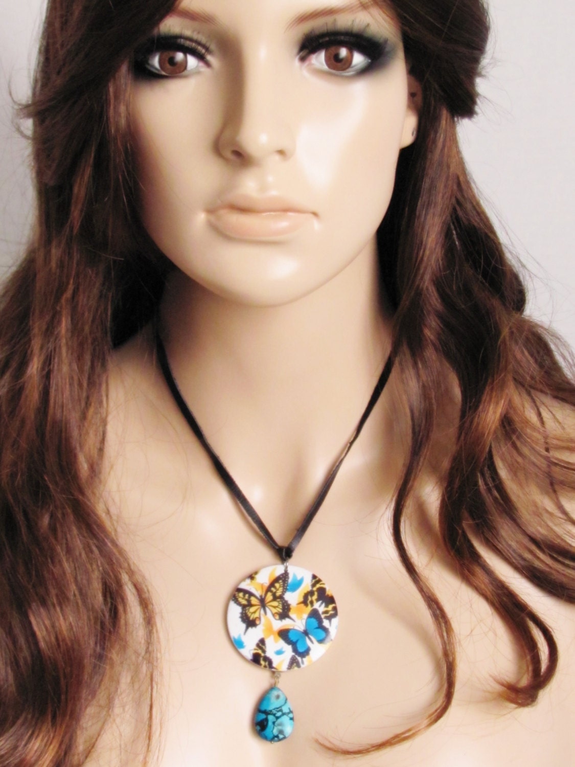 Butterfly Necklace Retro Necklace Turquoise Necklace Women Jewelry Gift Yellow Necklace Vintage Necklace Black Leather Necklace