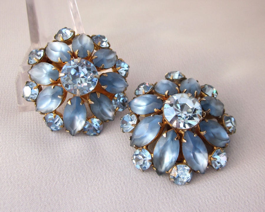 Satin BLUE Rhinestone Earrings, Vintage Statement Clip On Earrings, Blue Flower Floral Earrings 1950s Rhinestone Jewelry - JryenDesigns