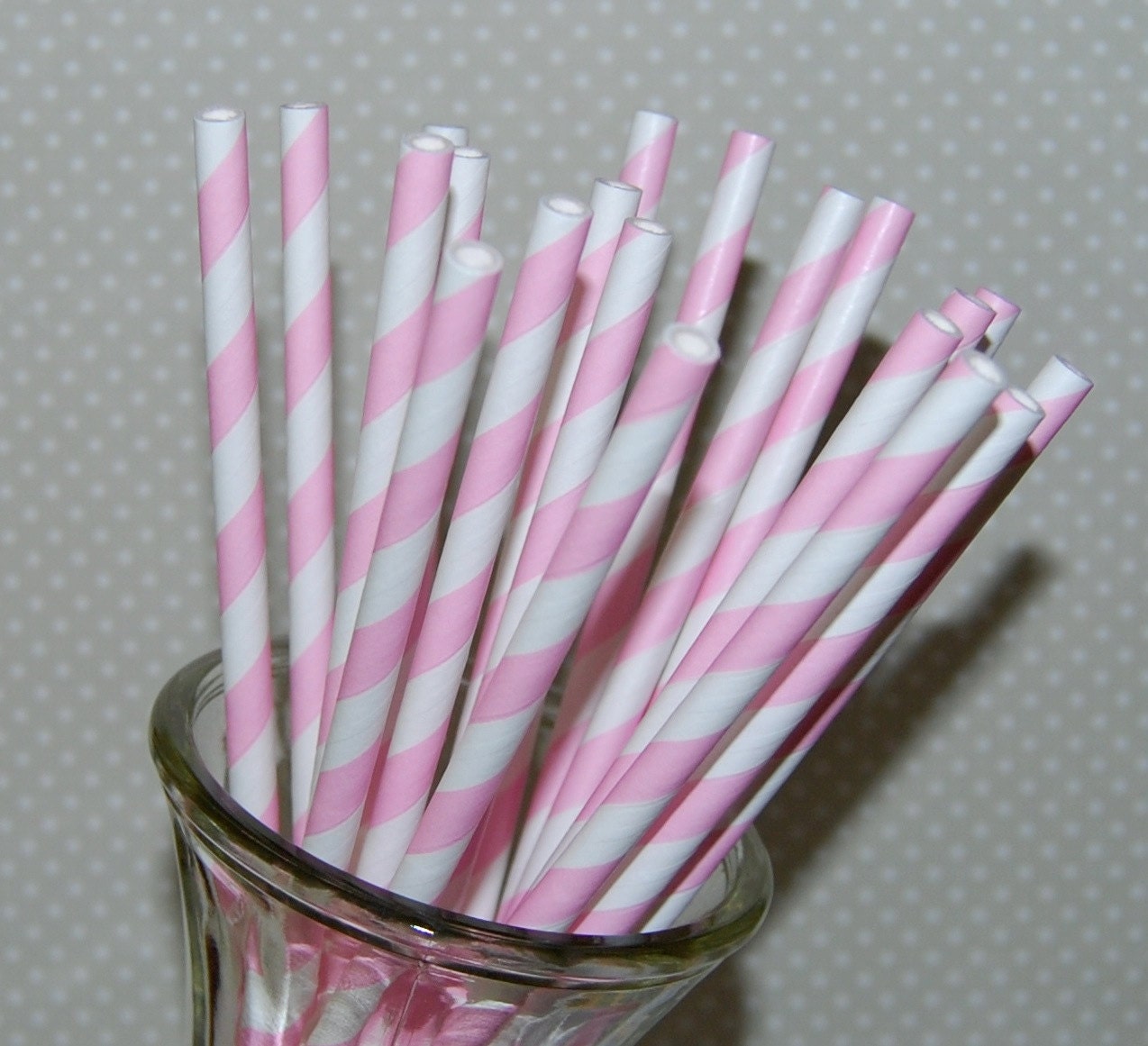 100 Light Pink and white barber striped paper drinking straws -  with FREE Blank Paper Flags.  See also - "Personalized" flags option.