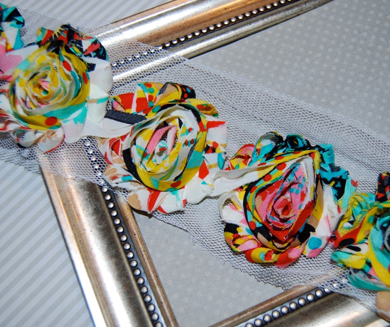 Shabby Rose Trim - Shabby Flowers Tie Die Drama - 1/2 yard - Chiffon flowers- Frayed Flower Trim - Shabby Chic Vintage Fabric Flowers