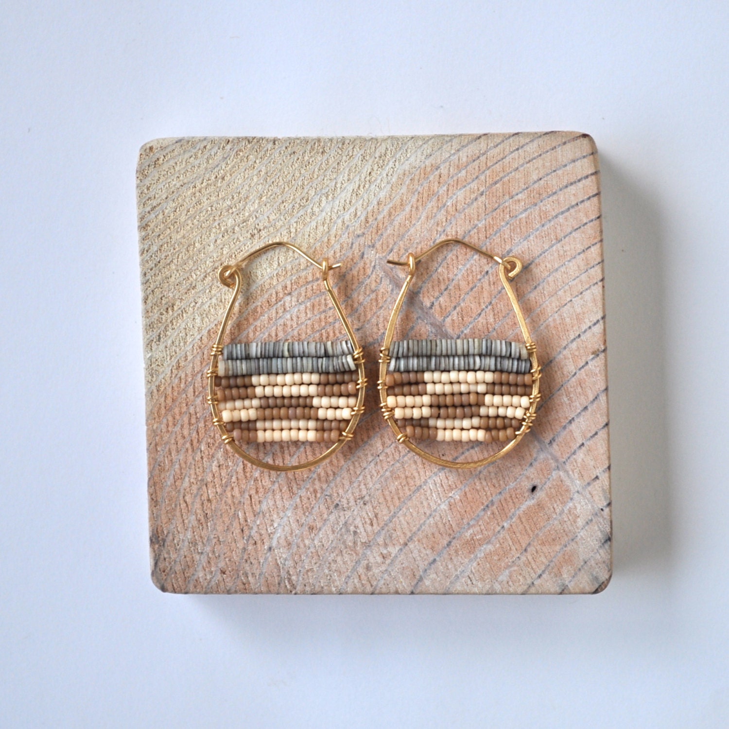 Taupe and Conus Heishi Shell Snowshoe Earrings