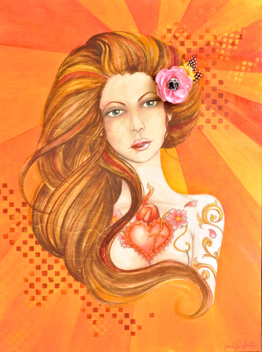 Bloom Girl Mixed media on wood 18x24 tattoo girl original