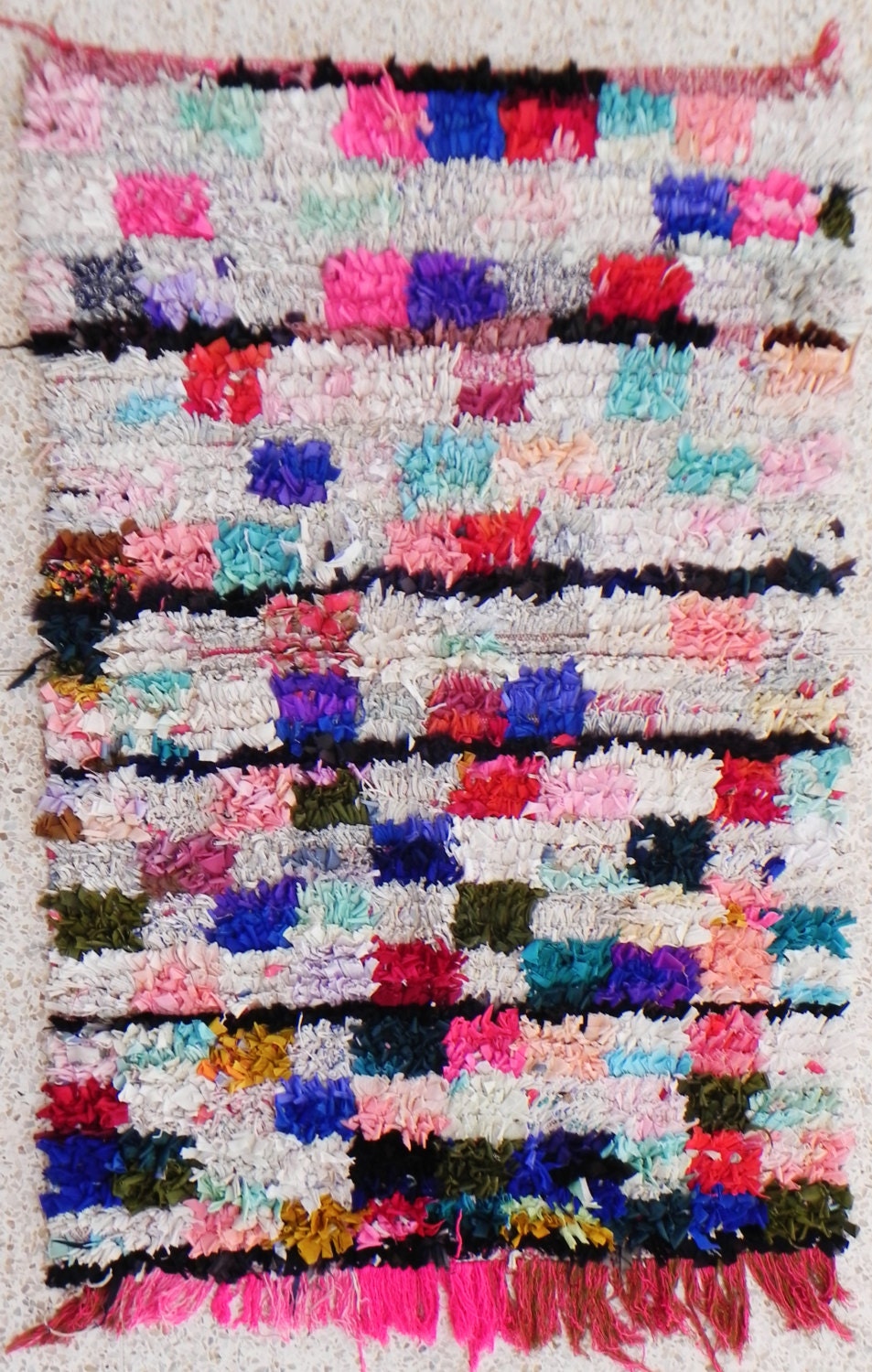 RAG  RUG BOUCHEROUITE from Morocco called also boucharouette berber tribal art, moroccan carpet
