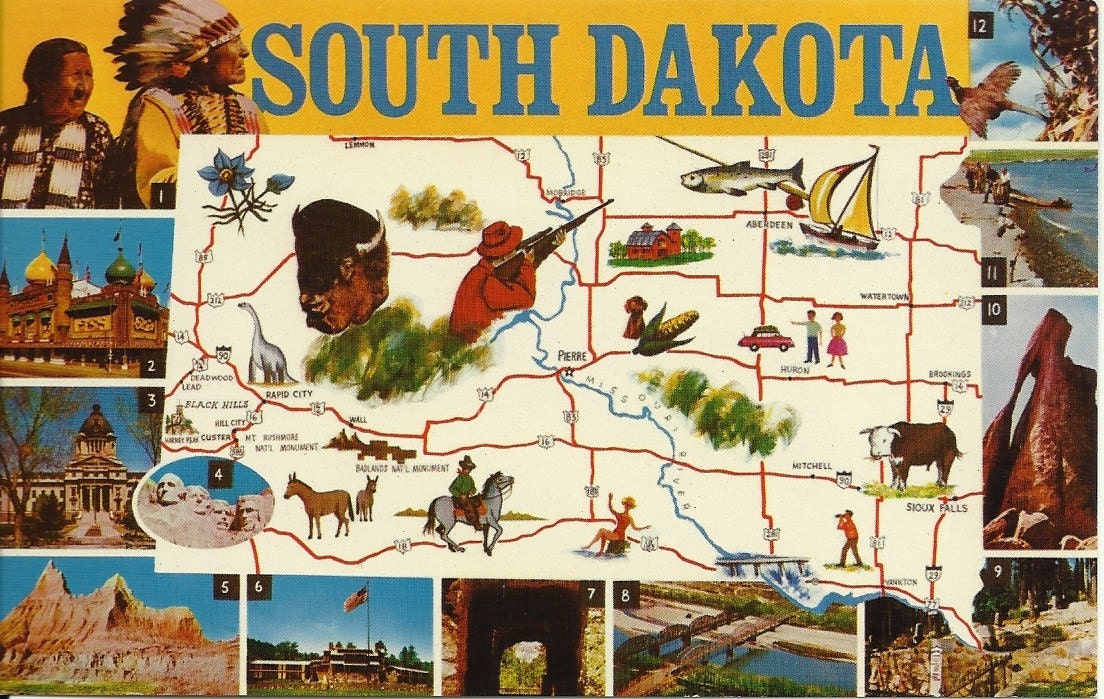 Vintage Postcard  South Dakota -  Map - 1970s