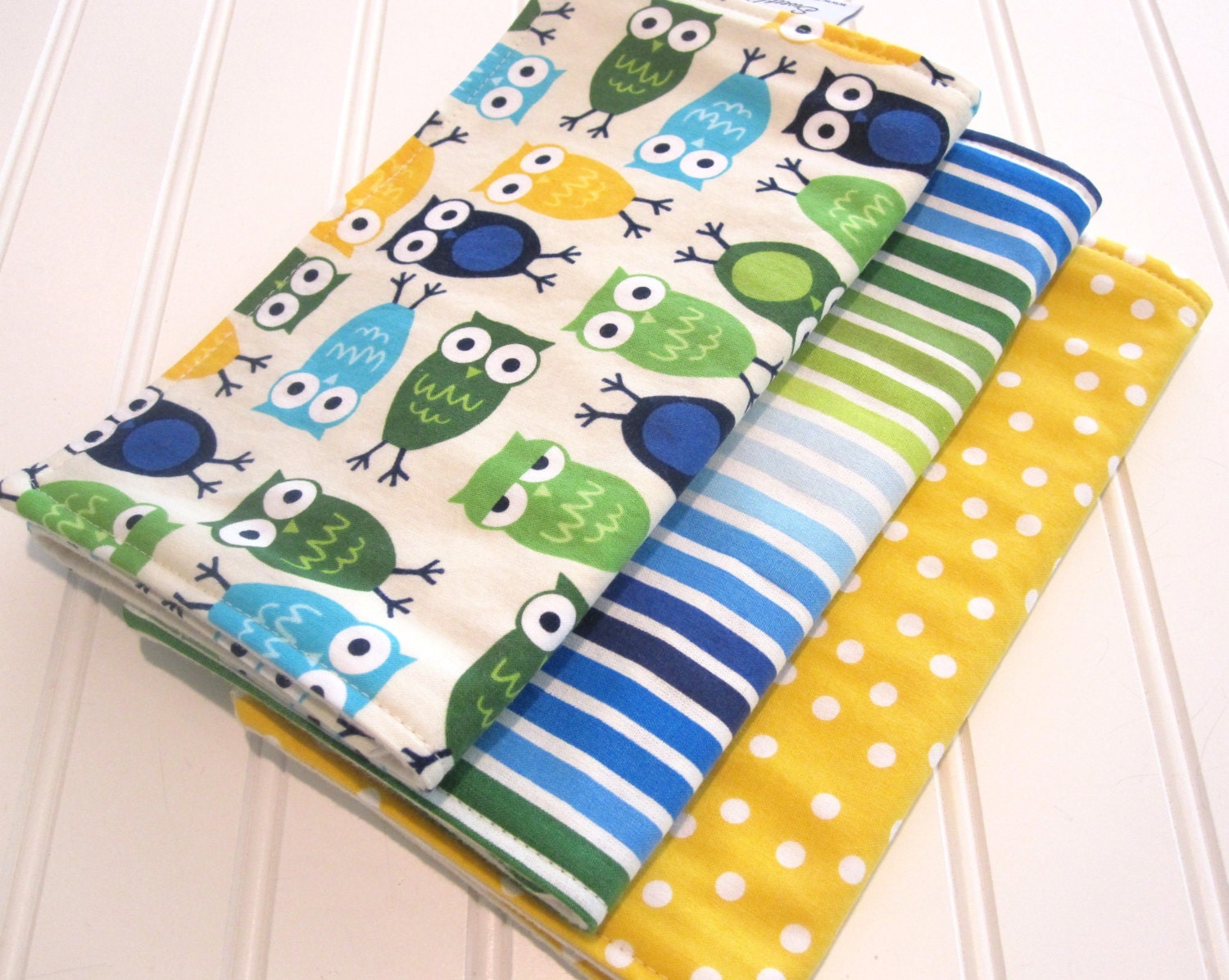 Burp Cloths/Owls in Blue/Double Flannel Backing in Natural/Set of Three