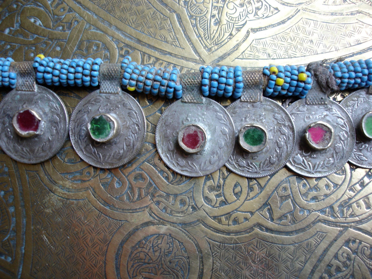 Turquoise Kuchi beaded string of real coins for Tribal fusion dance
