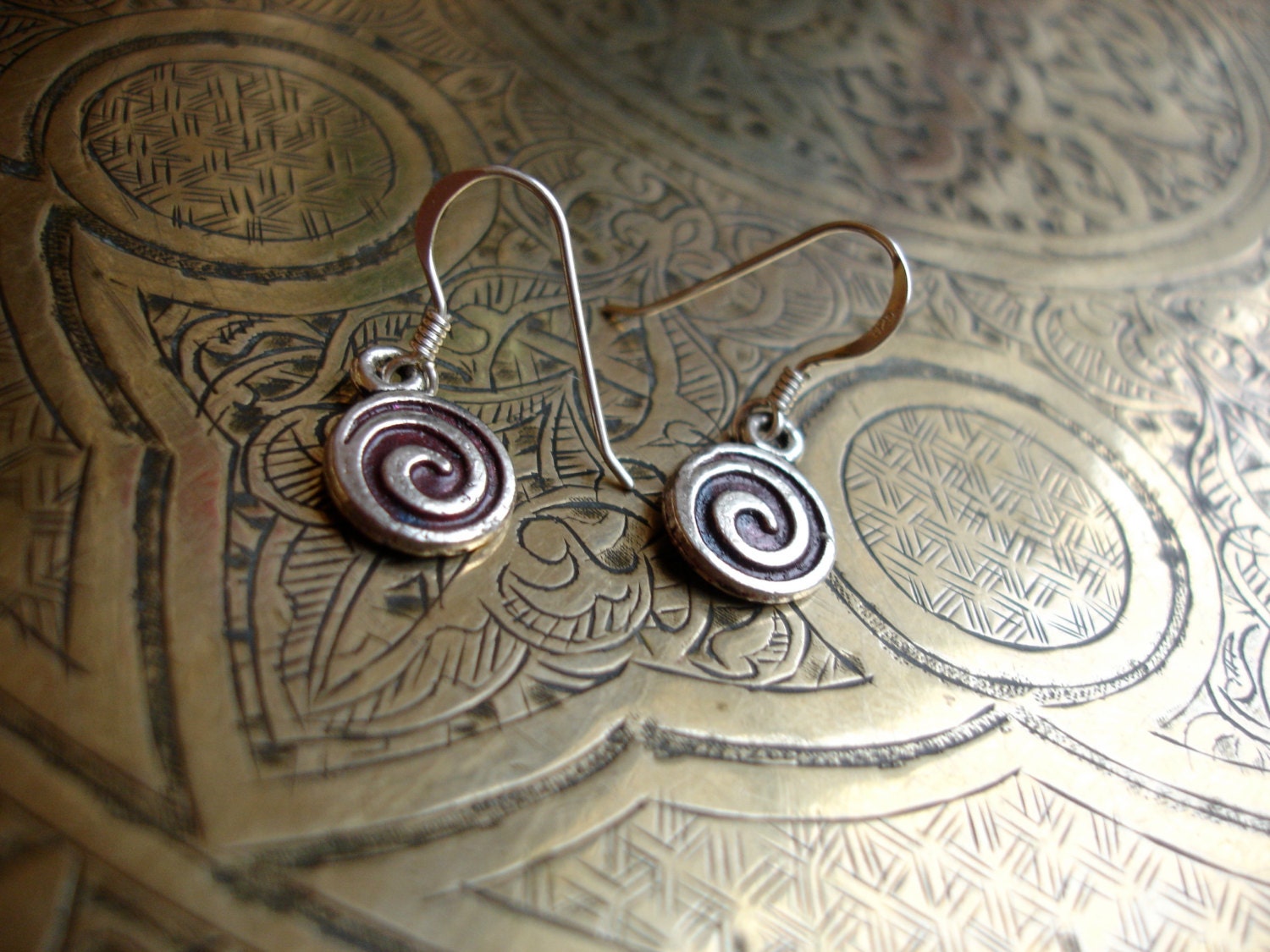 Silver and purple Moroccan spiral earrings